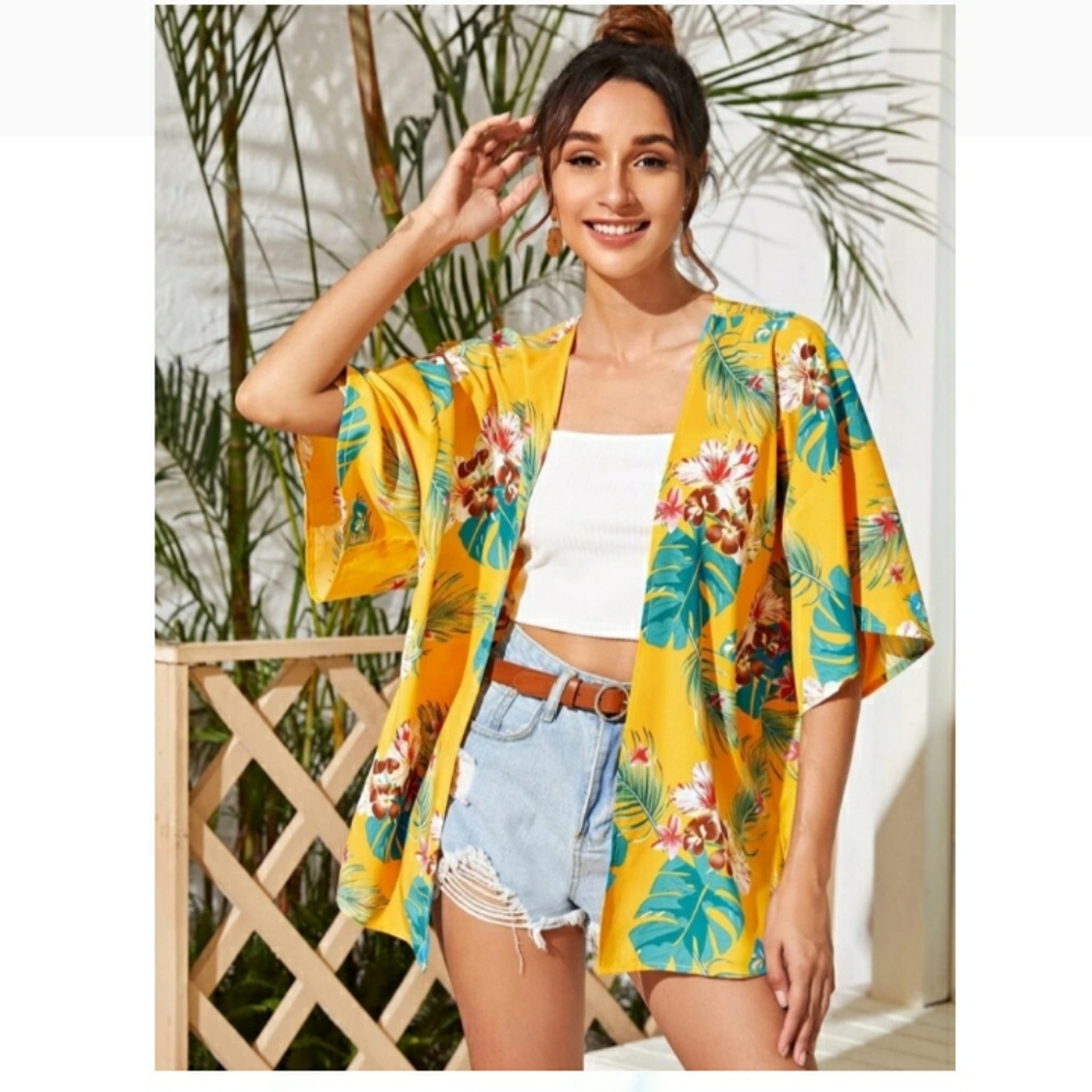 Tropical Print Beach Coverup Kimono Oversized